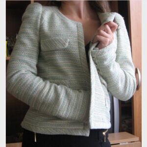 NWT Zara Tweed Metallic Mint Green Striped Blazer